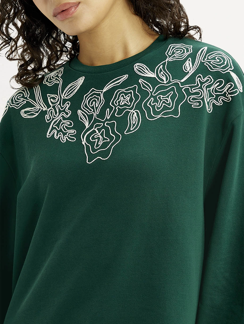 Women's Embroidered Dark Green Crew Neck Sweatshirt Raglan Sleeve Sweatshirts