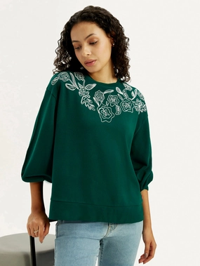 Women's Embroidered Dark Green Crew Neck Sweatshirt Tuff Sweatshirts