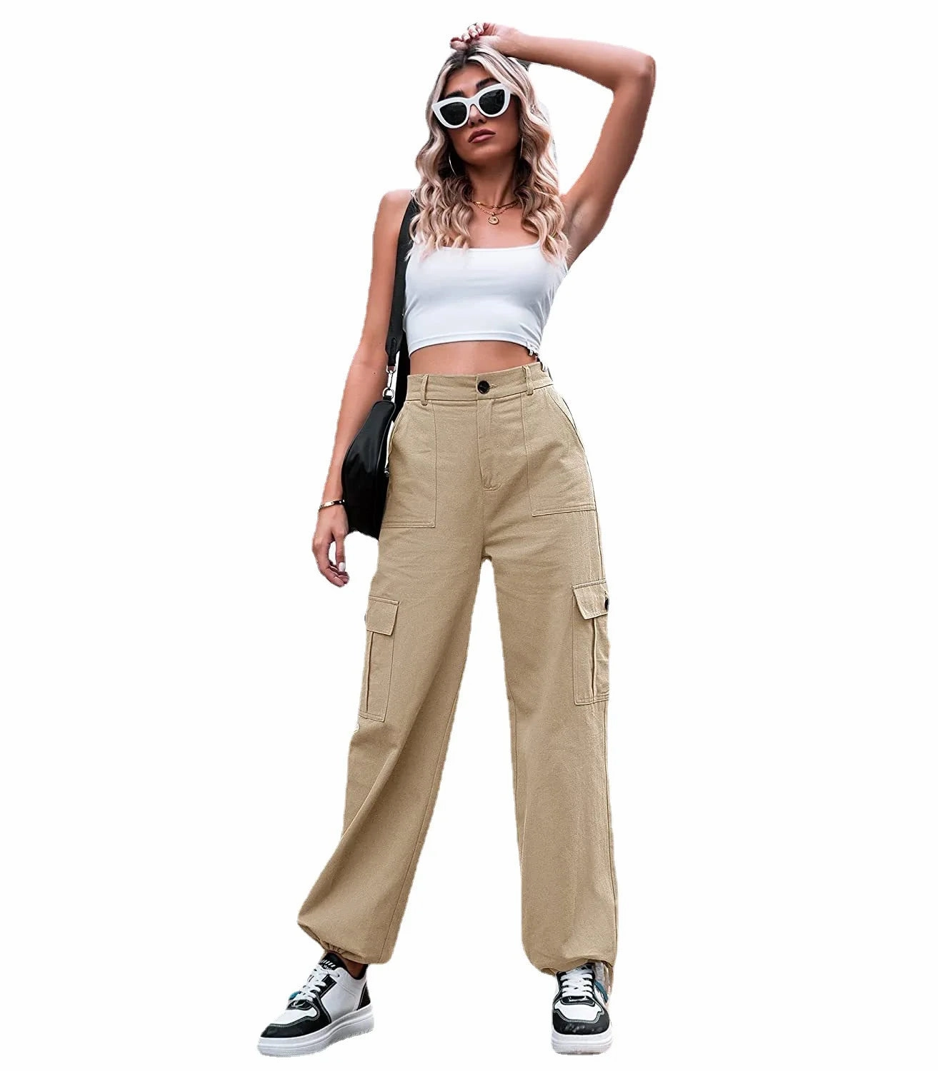 Cargo Pants Cuffed Ankle Women's High-Waist Cotton Wide-Leg Cargo Pants
