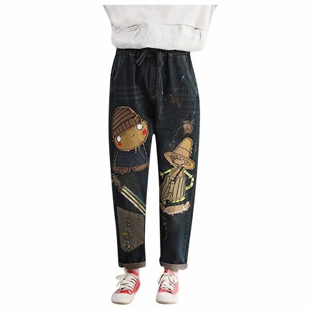 Women's Jeans Cartoon Print Jeans Elastic Waistband Loose Casual Haren plus size pants wide pantalones estampados de mujer#g4 Xl Cargo Pants