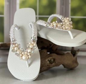 Flip Flops Canvas Women Sandals Summer Pearl Rhinestone Beach Flip Flops Wedding Sandal