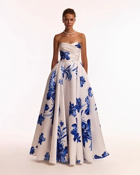 Cinch Waist Long Sleeve Midi Dress Wonderful white A-line maxi dresswith blue flowers, Glow-Up