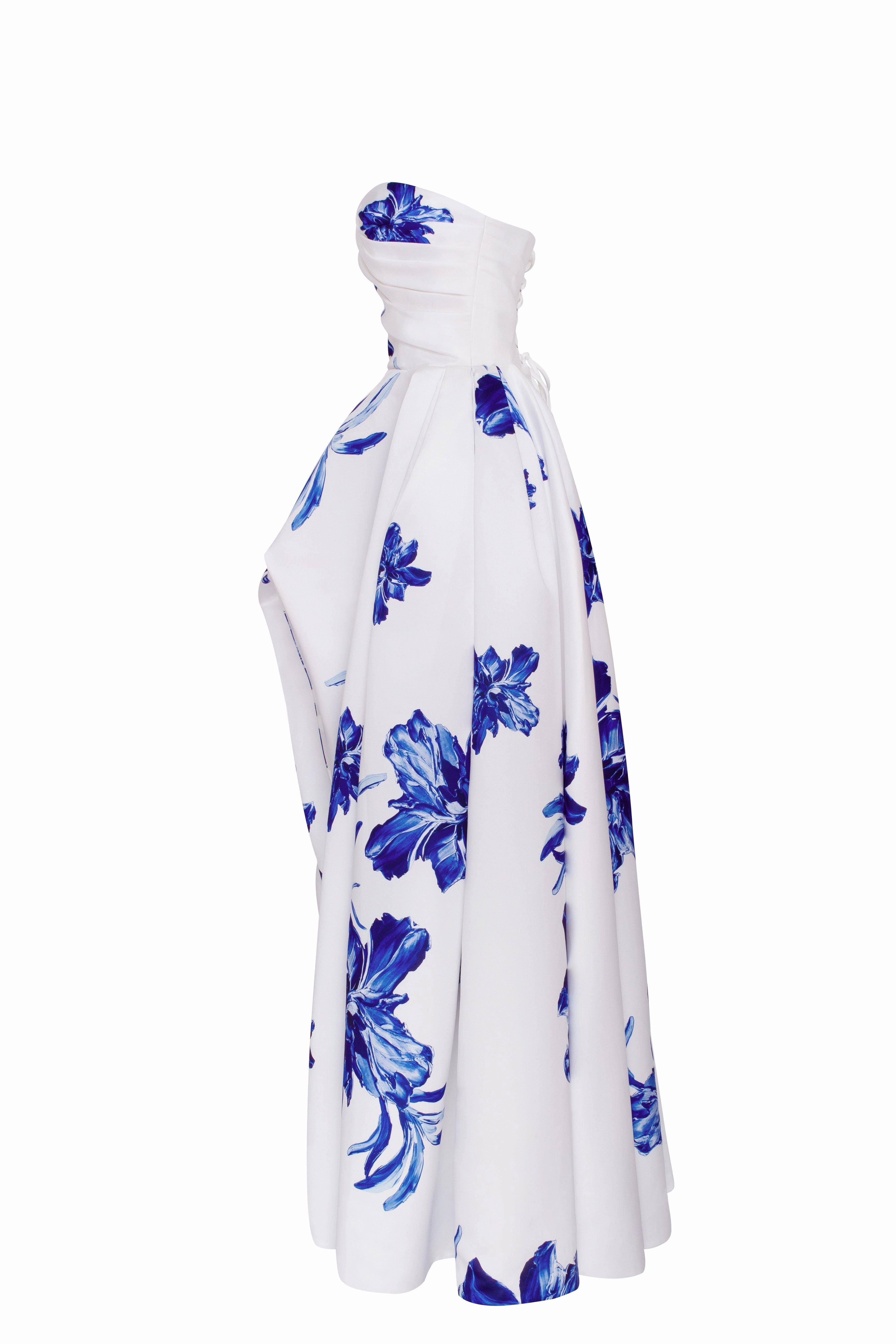 Wonderful white A-line maxi dresswith blue flowers, Glow-Up Dress With Plunge Neckline